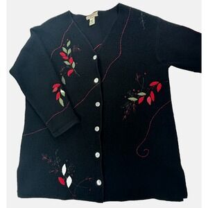 Susan Bristol Holiday Winter Cardigan Grandma Embroidered 100% Wool Black XL